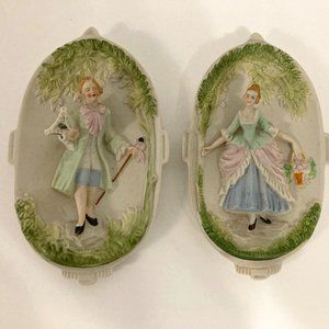 Vintage Occupied Japan Porcelain Wall Plaques Colonial Man & Woman Dainty   40s